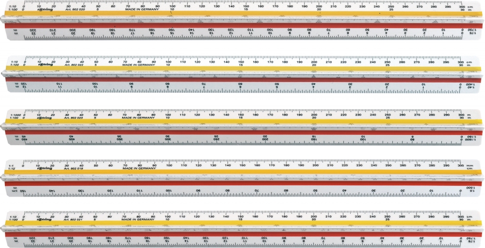 Трехгранная линейка с с масштабными шкалами. Масштаб: 1 : 20 / 1 : 25 / 1 : 50 / 1 : 75 / 1 : 100 / 1 : 125